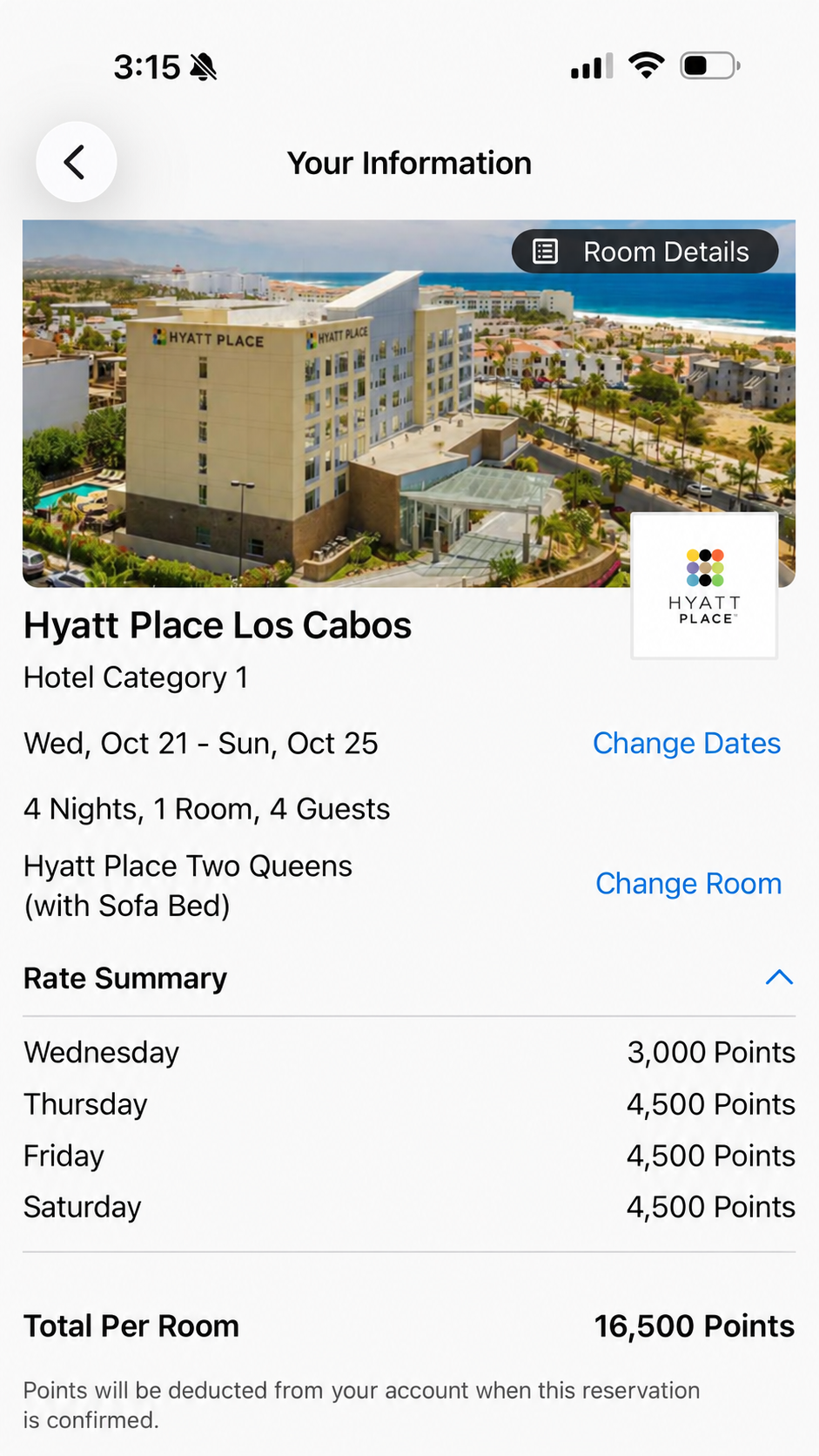 Captura del canje Hyatt: miércoles 3,000 puntos, jueves, viernes y sábado 4,500 puntos por noche; total 16,500 puntos.