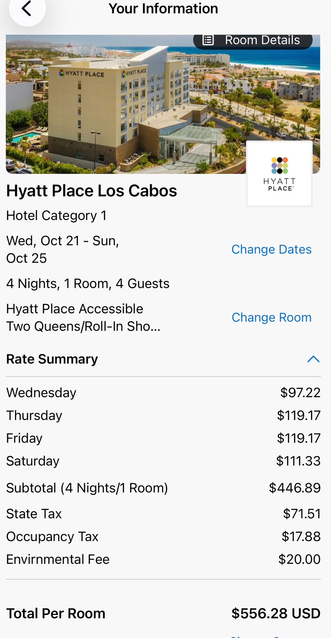 Captura de la tarifa: cuatro noches en Hyatt Place Los Cabos, total de 556.28 dólares con impuestos y cargos.